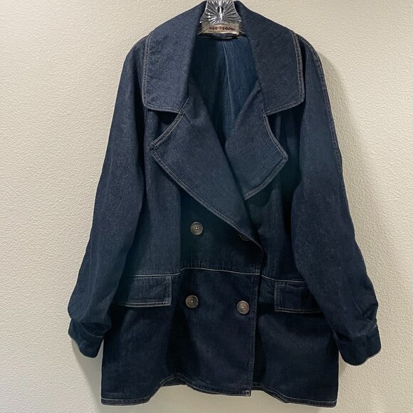 (NEW) FREE PEOPLE Double Breast Car Coat Long Sleeve Denim, Wash Indigo - L - Picture 3 of 13